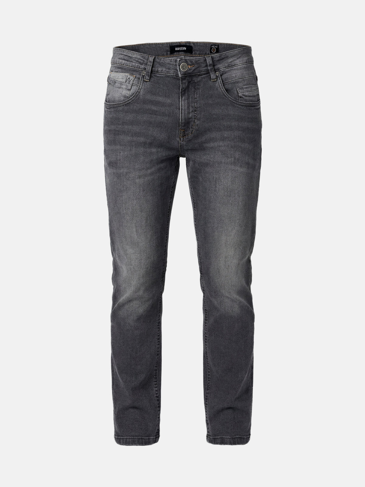 Men’s grey slim fit jeans with faded wash and classic five-pocket design.