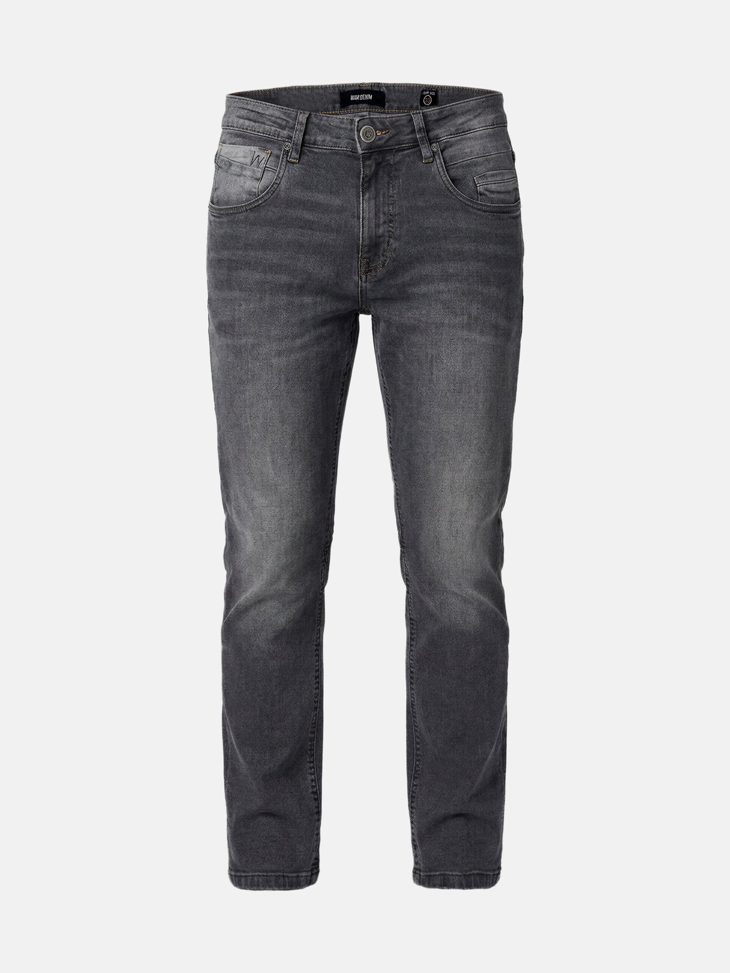 Men’s grey slim fit jeans with faded wash and classic five-pocket design.