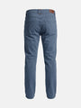 Back view of slim fit blue men’s stretch denim jeans.