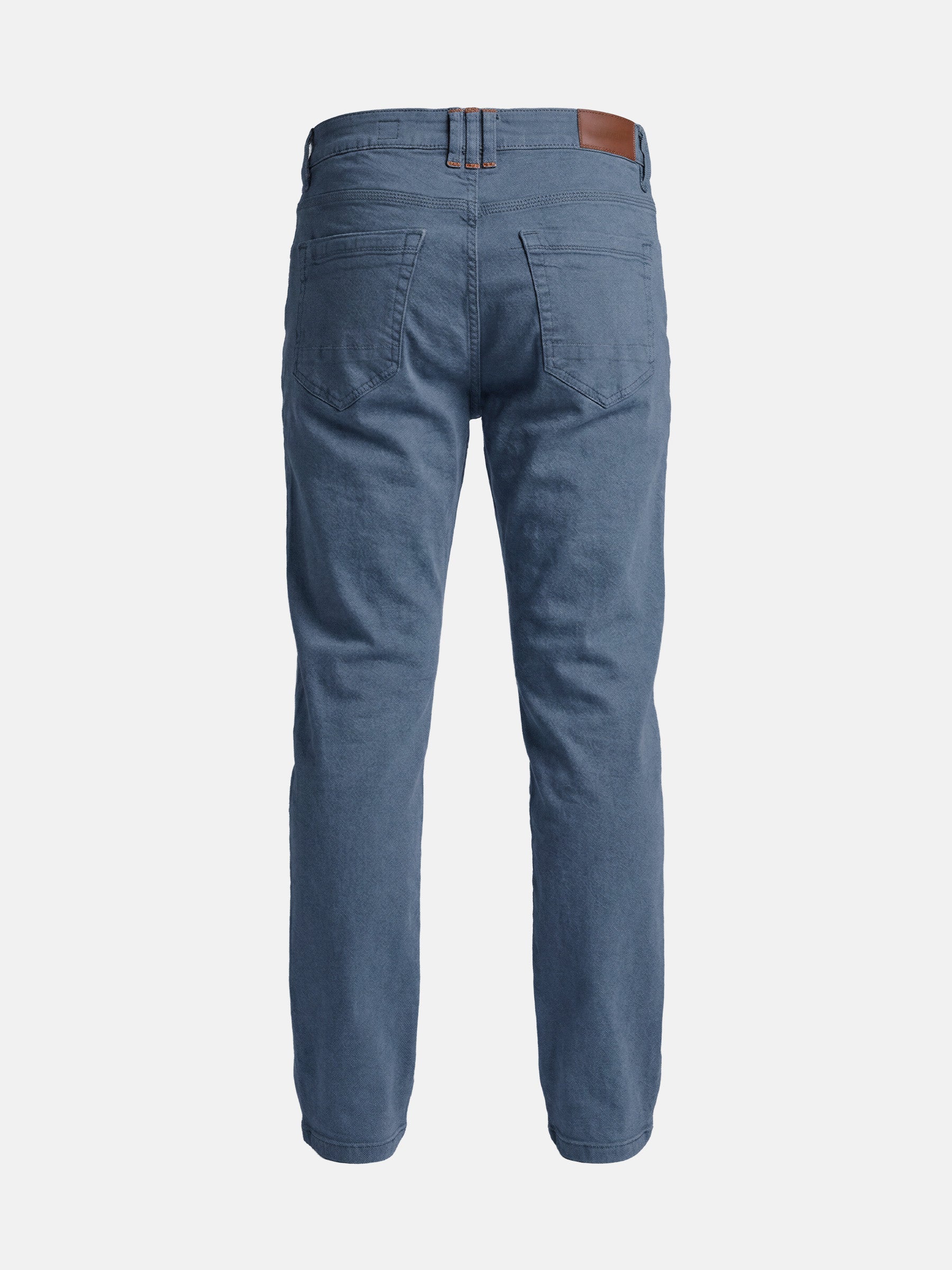Back view of slim fit blue men’s stretch denim jeans.