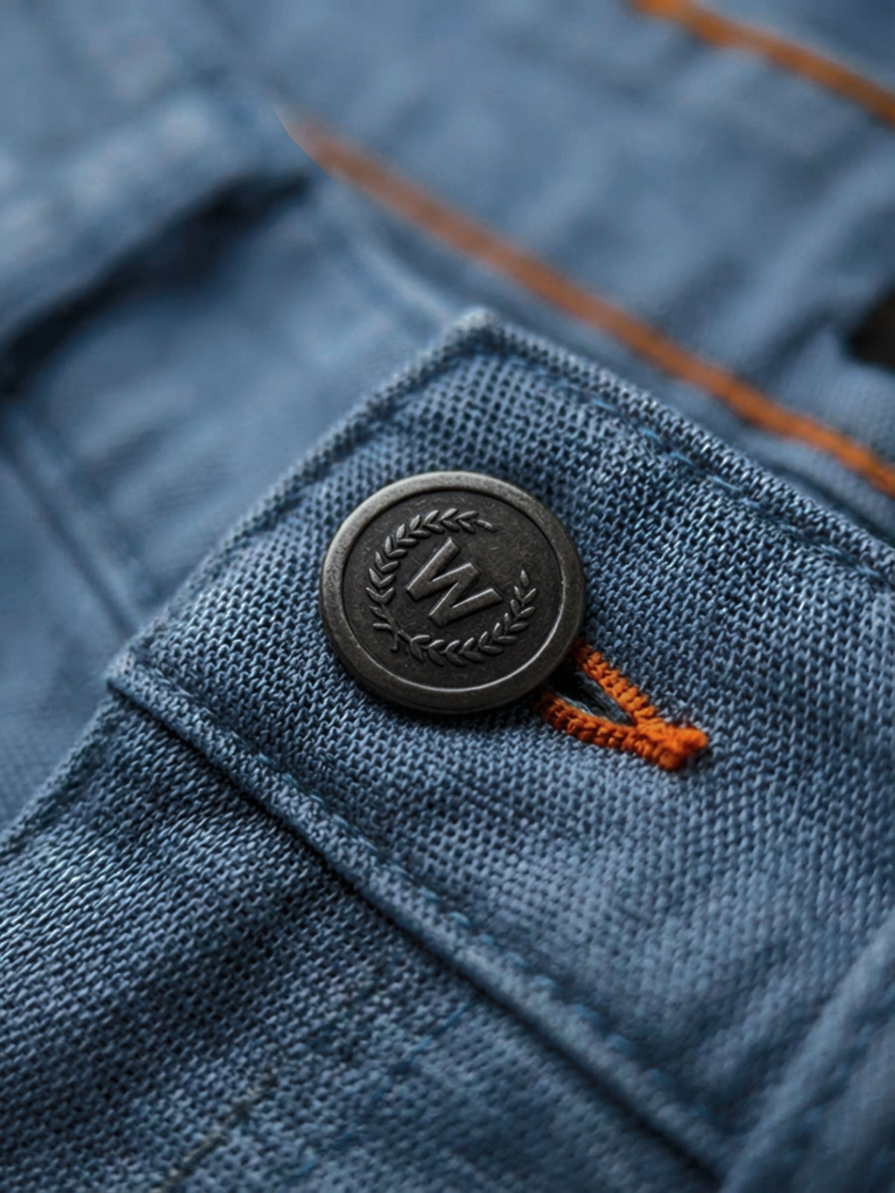 Close-up of blue denim jeans button with embossed logo detail.
