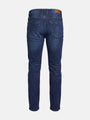 Back view of men’s blue slim fit jeans with classic rear pockets