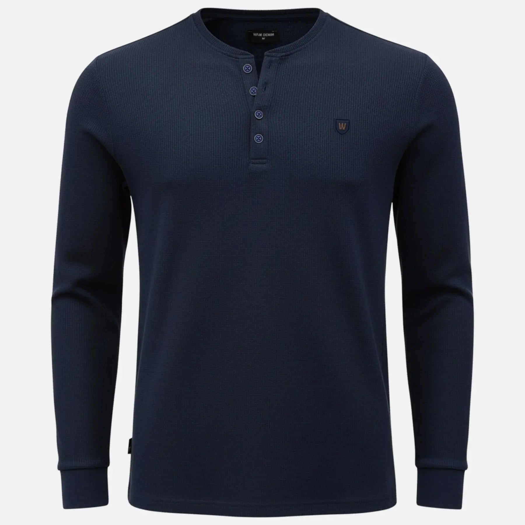 Navy long-sleeve men’s sweater with buttoned neckline, Zest Navy sweater.
