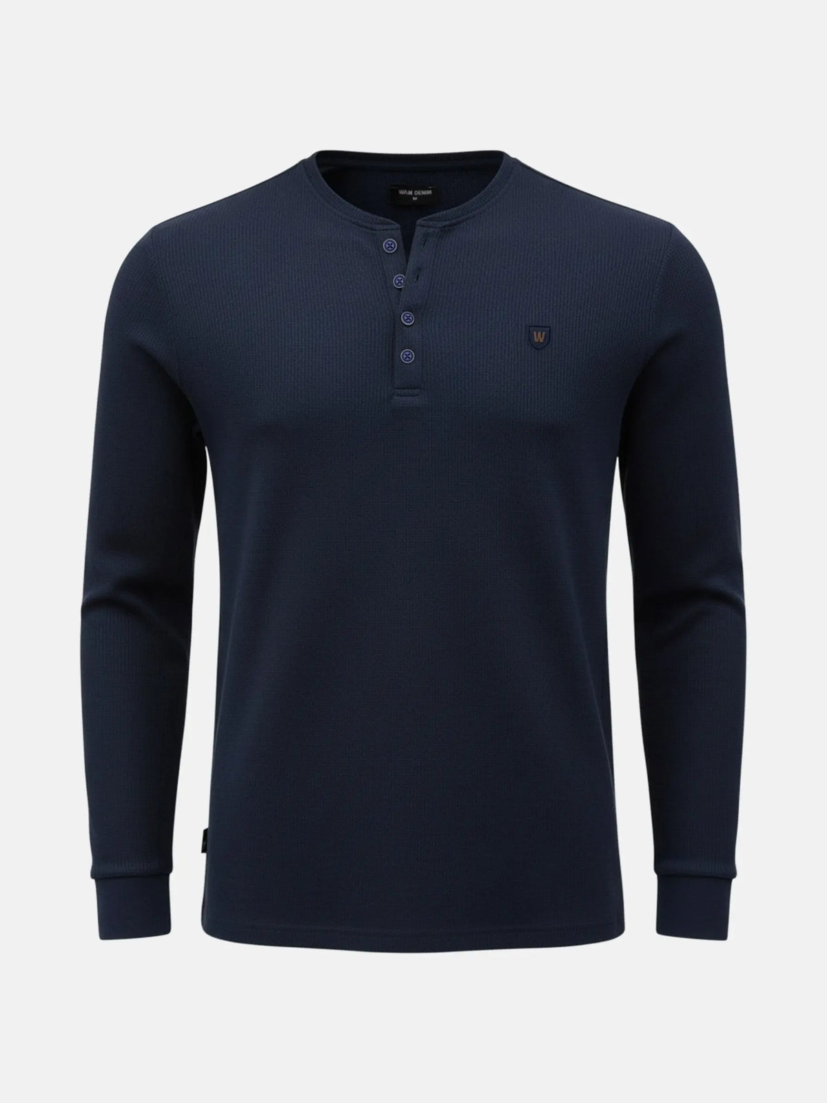 Navy long-sleeve men’s sweater with buttoned neckline, Zest Navy sweater.
