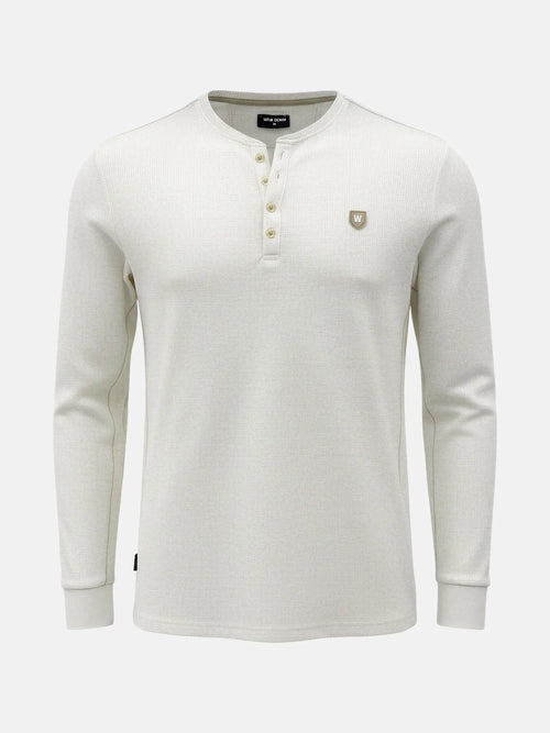 Off-white men’s sweater with long sleeves and buttoned neckline, Zest style.