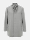 Light grey men’s trenchcoat with quilted inner lining and clean, minimalist front design.