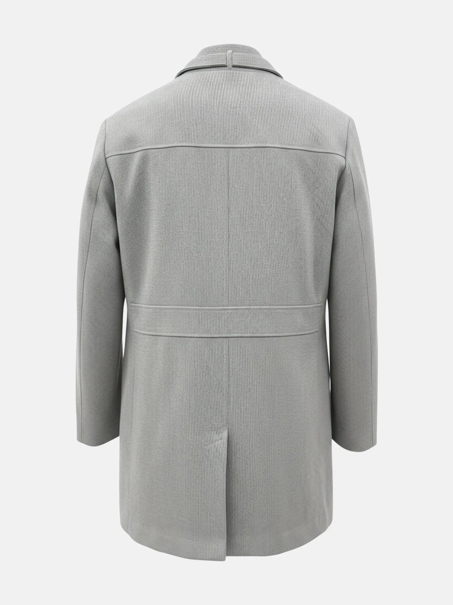 Back view of grey trenchcoat featuring clean seams and a straight tailored silhouette.