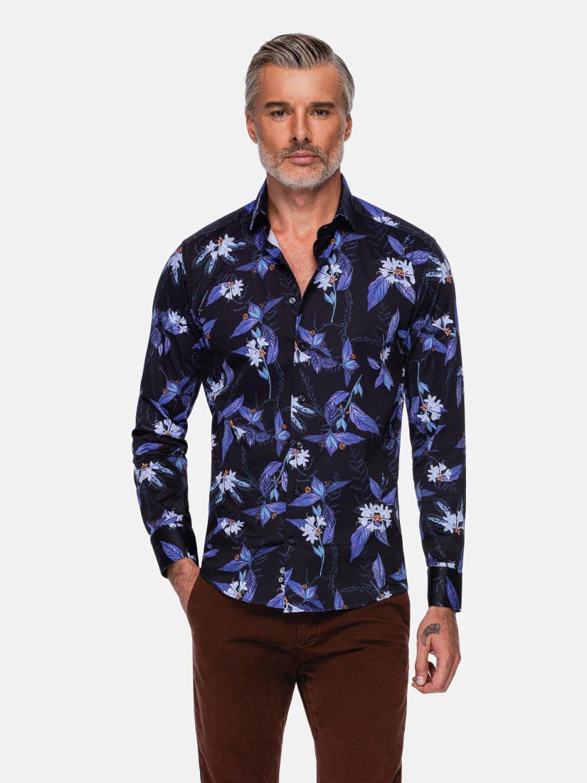 Men's Navy Floral Print Long Sleeve Shirt-Navy Flower Pattern