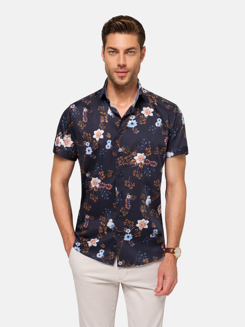 Men's Short Sleeve Navy Floral Print Shirt- Men's Floral Print Shirt